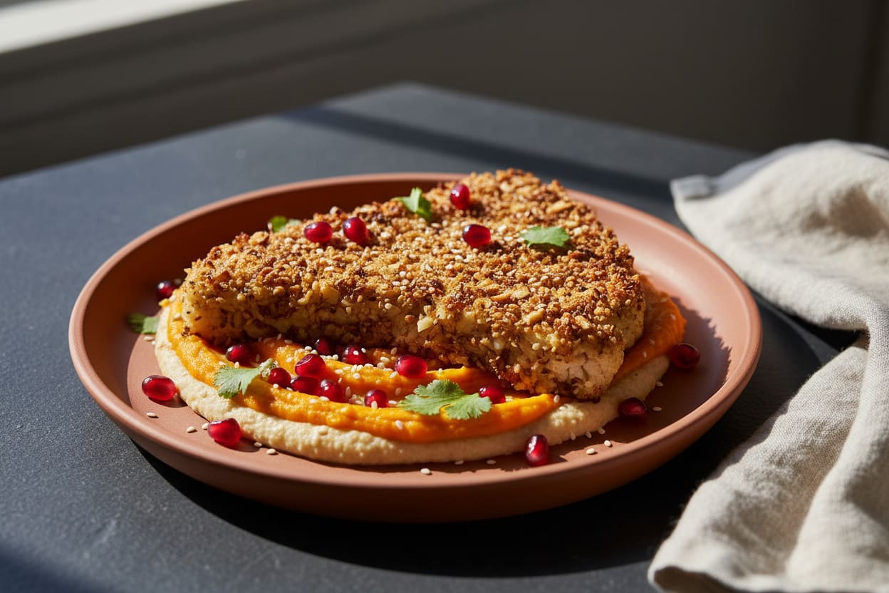 Dukkah-Crusted Savanna Cauliflower Steaks with Miso-Teff Mash Dukkah-crusted cauliflower steak over orange sweet potato and teff mash, garnished with pomegranate seeds on a matte terracotta plate.