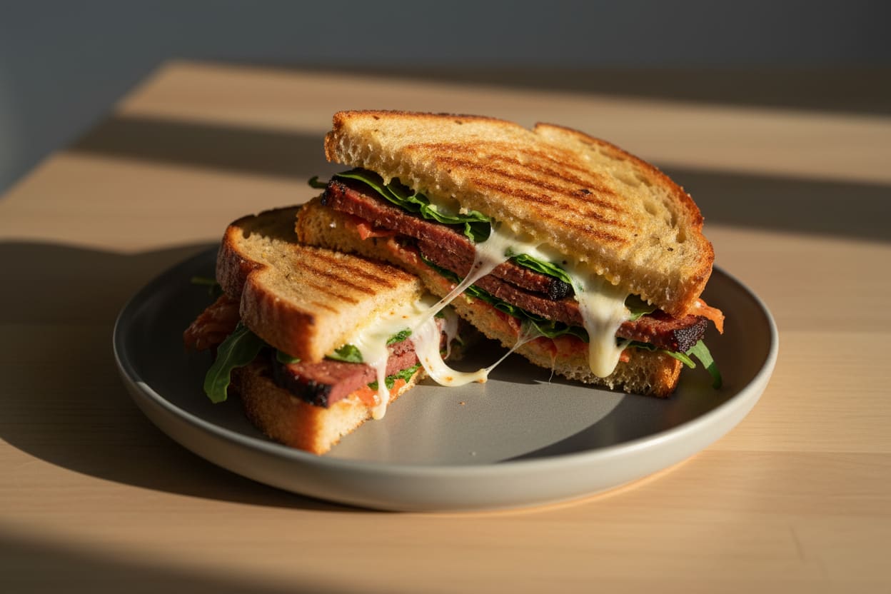 Smoky Tempeh & Kimchi Miso Melt Toasted sourdough miso-melt with smoky tempeh brisket, melted vegan cheese, and red kimchi on a grey plate under warm golden-hour light.