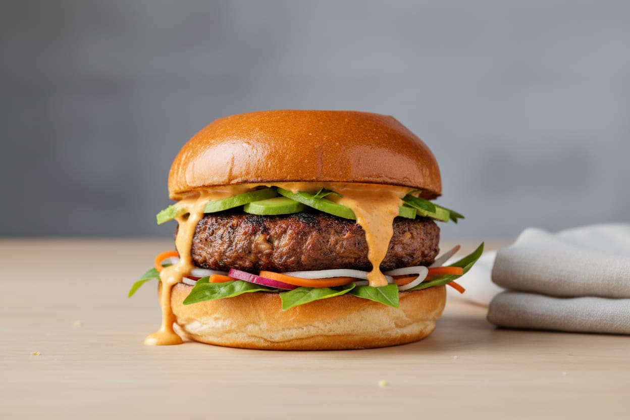 The Velvet Umami Fusion Burger Gourmet vegan burger: mushroom-walnut patty, gochujang cream, pickled daikon and Thai basil on a golden brioche bun. Minimalist food photography.