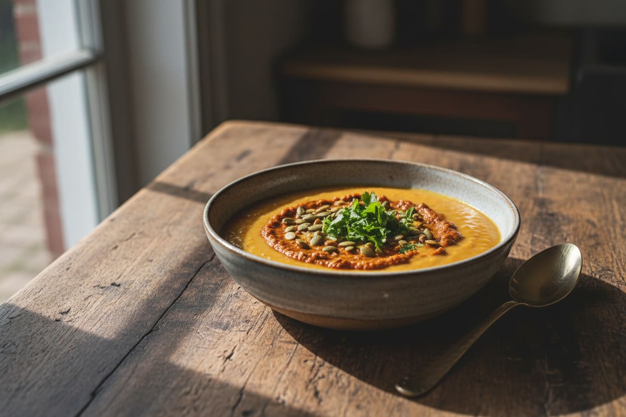 Golden Millet & Sweet Potato Comfort Pottage Vibrant golden millet and sweet potato pottage with harissa swirl and pumpkin seeds in a minimalist bowl on a rustic dark wood table.