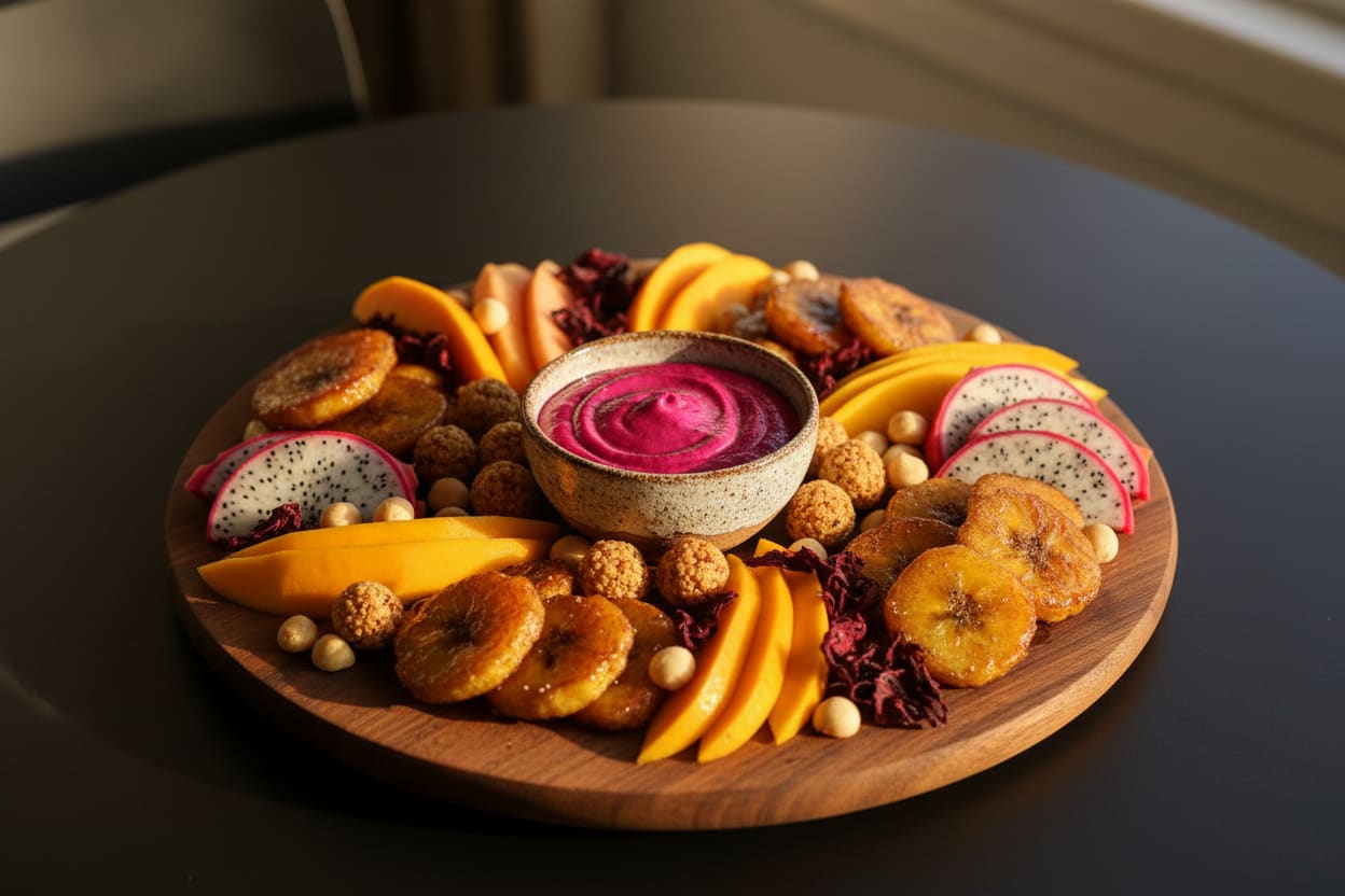 Savannah Sunset Sweet Grazing Platter Vegan African grazing board with magenta hibiscus dip, plantains, and tropical fruit on dark wood in warm golden hour light.