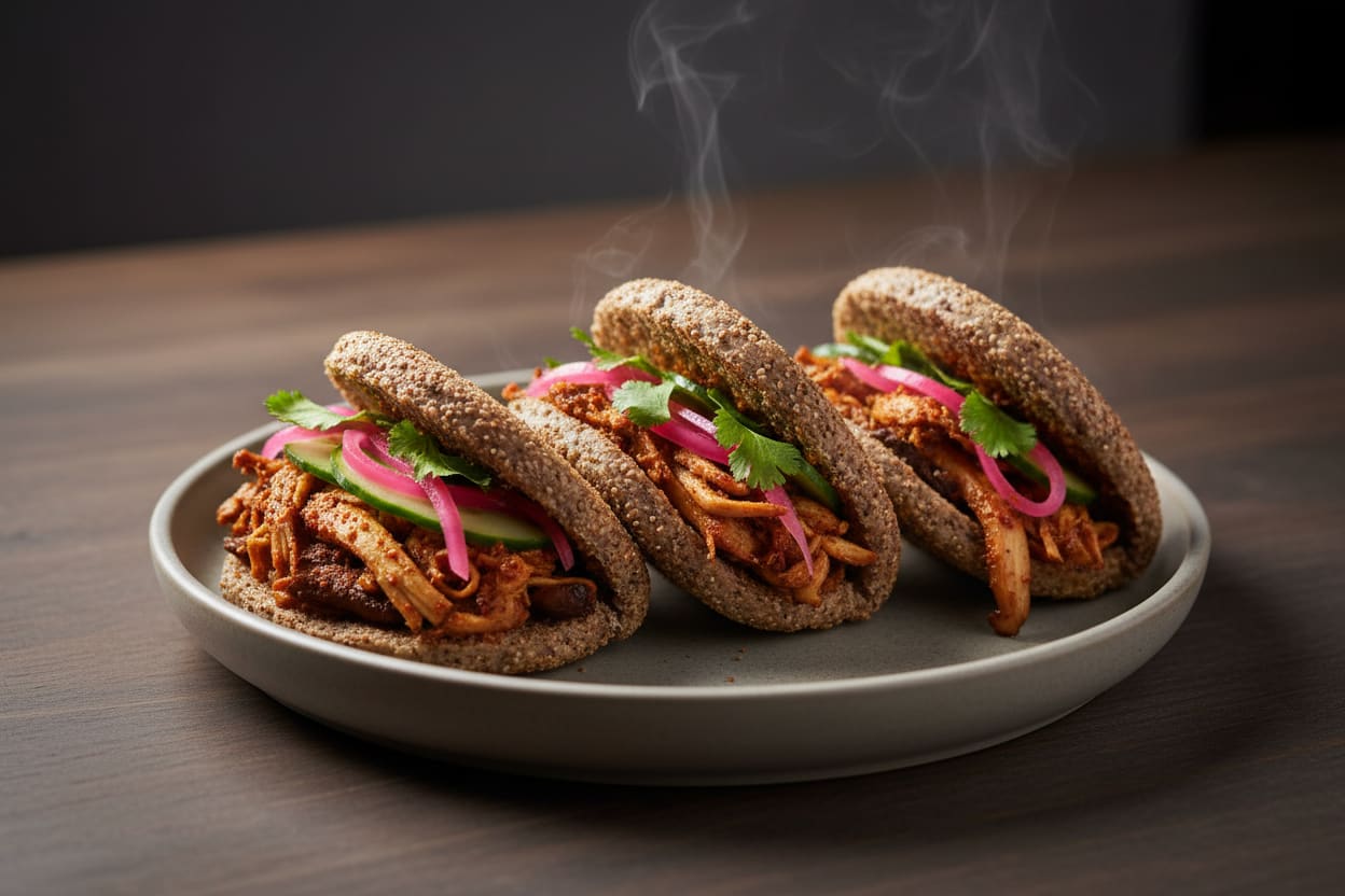 Pulled Oyster Mushroom Suya Bao with Millet-Teff Buns Artisanal teff bao buns filled with spicy Suya pulled mushrooms, neon-pink pickled onions, and cilantro on a minimalist ceramic plate.