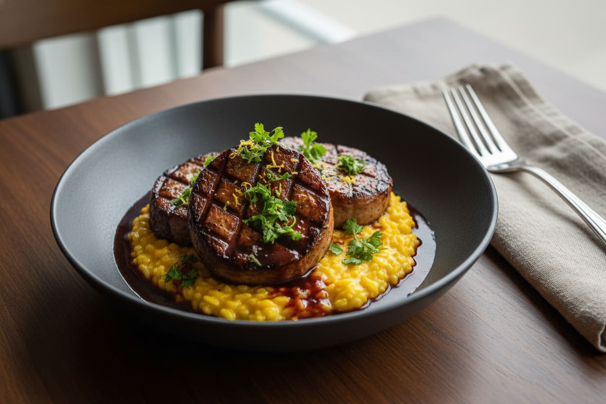 Braised King Oyster 'Osso Buco' with Miso-Saffron Risotto Vegan Osso Buco: Seared King Oyster mushrooms over golden saffron-miso risotto in a dark bowl, topped with fresh ginger-parsley gremolata.