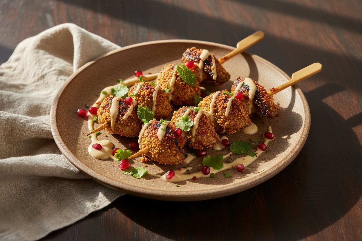 Grilled teff-crusted oyster mushroom skewers with harissa, baobab-tahini sauce, and pomegranate on a rustic ceramic platter.