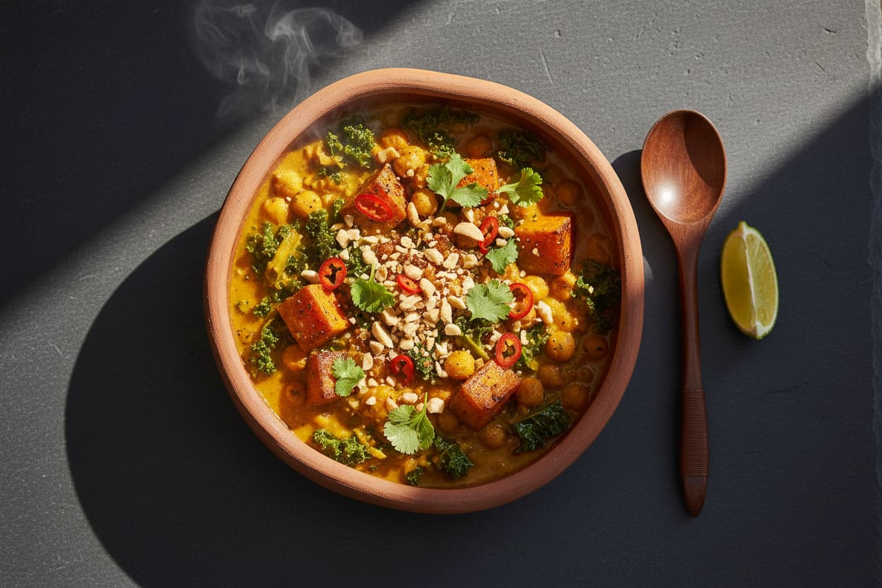 Overhead of steaming vegan Harissa & Miso groundnut stew with sweet potatoes and kale in a terracotta bowl on a dark slate surface.