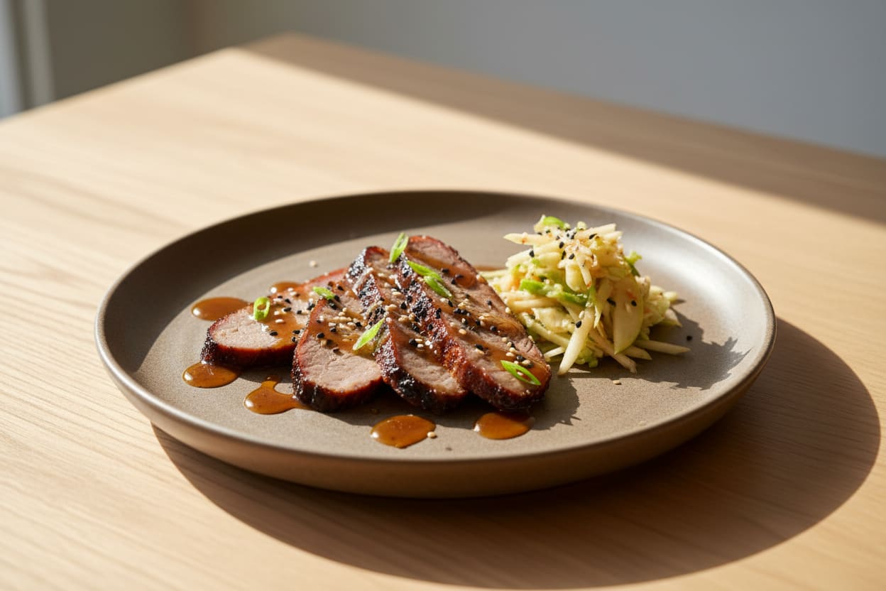 Smoked Maple-Miso Seitan Brisket with Kimchi-Apple Slaw Smoked seitan brisket with maple-miso glaze and kimchi-apple slaw on stoneware, showcasing a vibrant vegan Asian-American BBQ fusion.