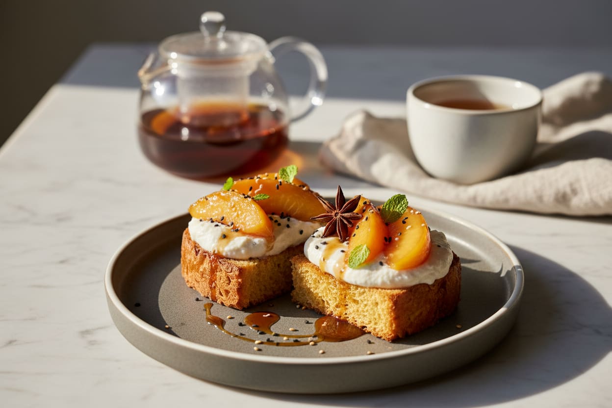 Star Anise & Earl Grey Braised Peach Panettone Toast Vegan panettone with miso-tofu cream and Earl Grey peaches, garnished with star anise and sesame on a sunlit minimalist marble table.