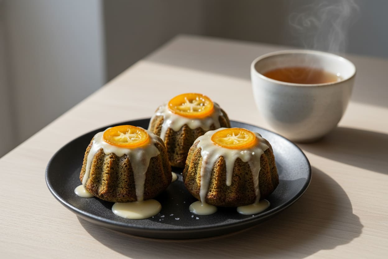 Candied Kumquat & Hojicha Infused Tea Cakes with Miso-Maple Glaze Vegan Hojicha tea cakes with miso glaze and candied kumquat on a black plate. Minimalist Zen high tea setting in warm, natural sunlight.