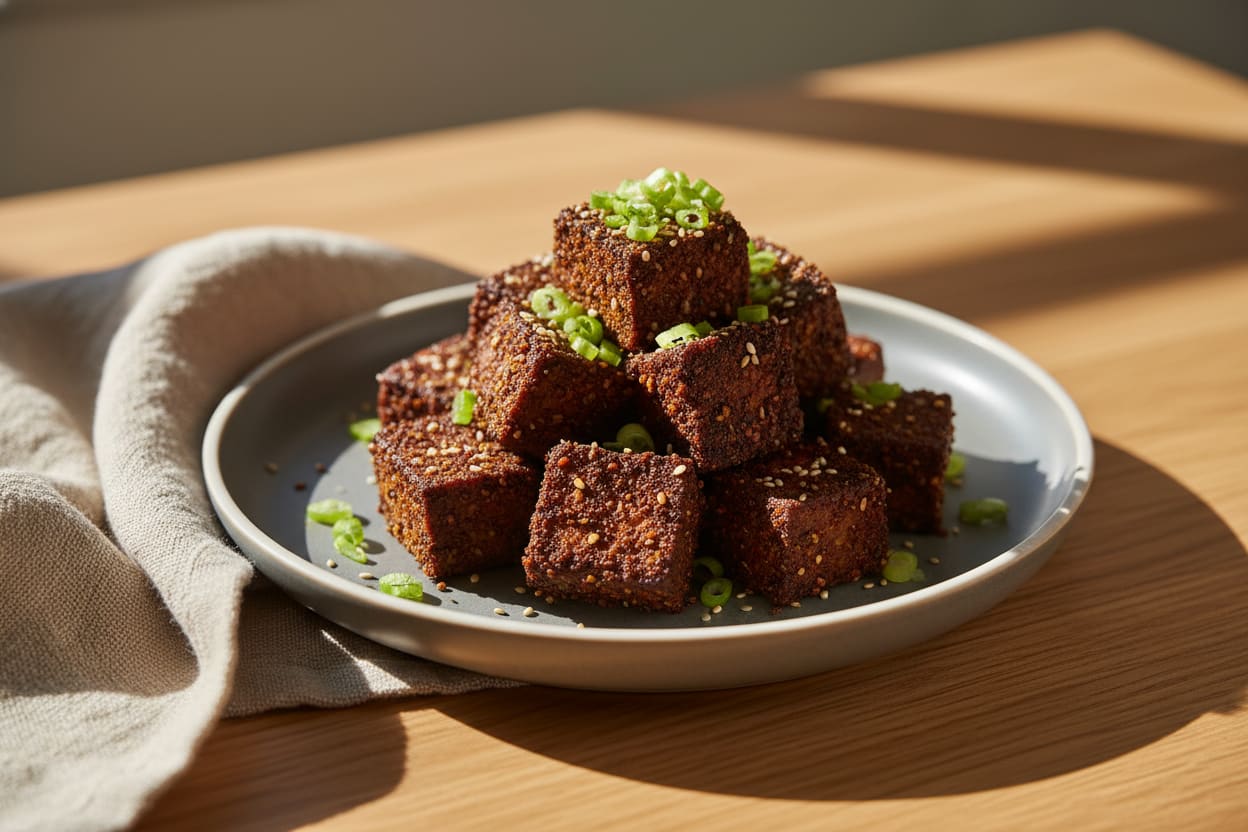 Crispy Sichuan-rubbed tofu burnt ends with a dark charred crust, scallions, and sesame seeds on a grey plate in warm California sunlight.