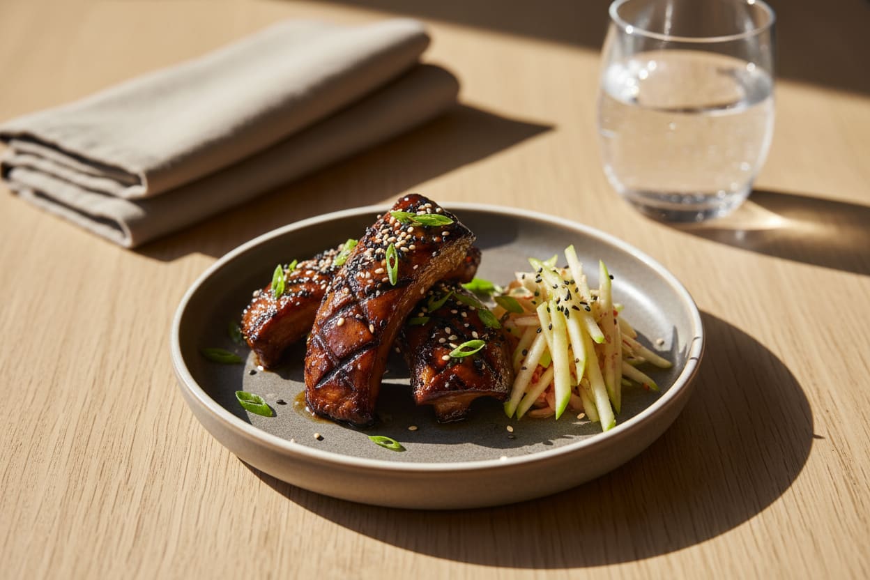 Smoked Black Garlic & Miso Glazed King Oyster Ribs Vegan miso-glazed mushroom ribs with vibrant kimchi slaw on a minimalist ceramic plate, bathed in bright, natural California sunlight.