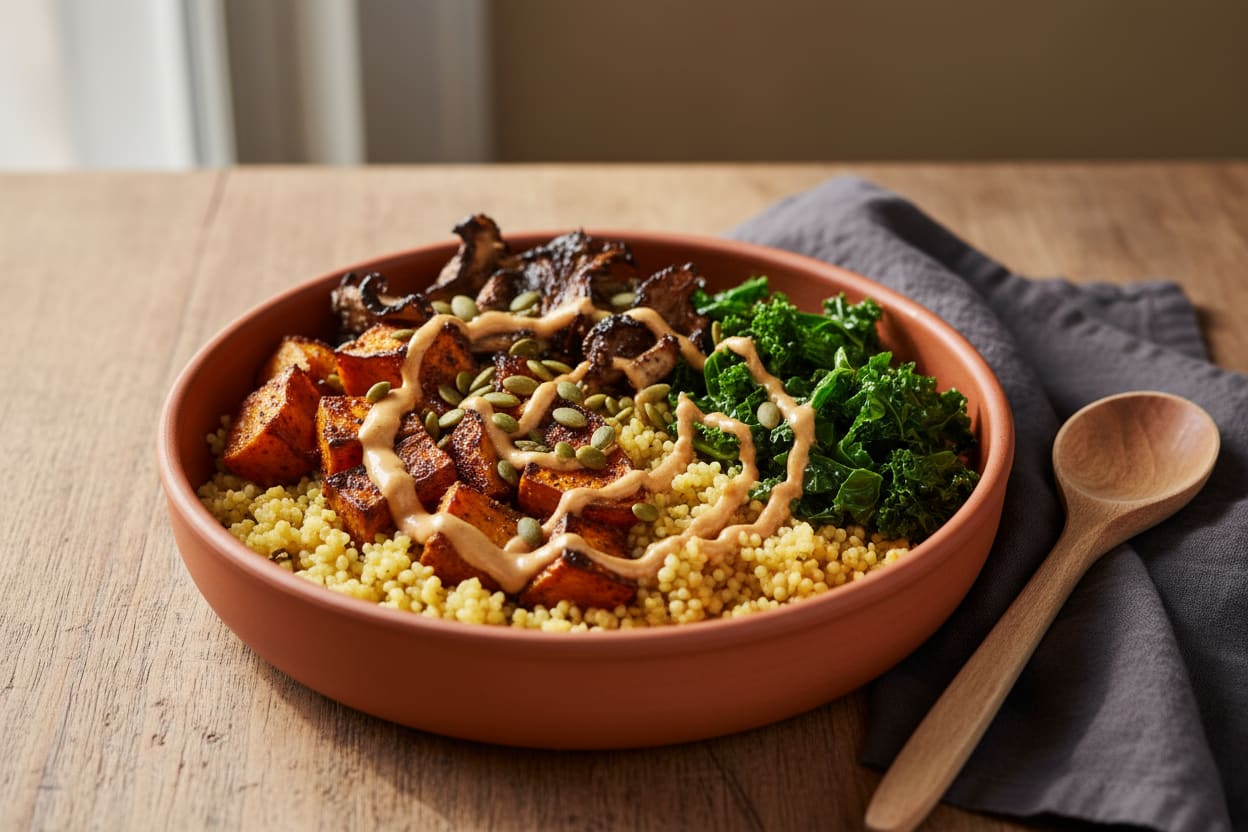 Scorched Harissa Sweet Potato and Millet Brunch Bowl Scorched harissa sweet potato and millet brunch bowl in a terracotta dish with peanut sauce on a rustic wooden table in soft morning light.