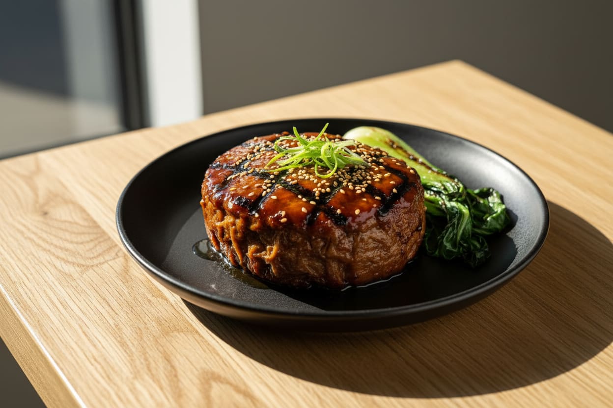 Smoked Miso-Glazed Lion’s Mane steak with deep grill marks on a matte charcoal plate, garnished with scallions on a sun-lit reclaimed oak table.