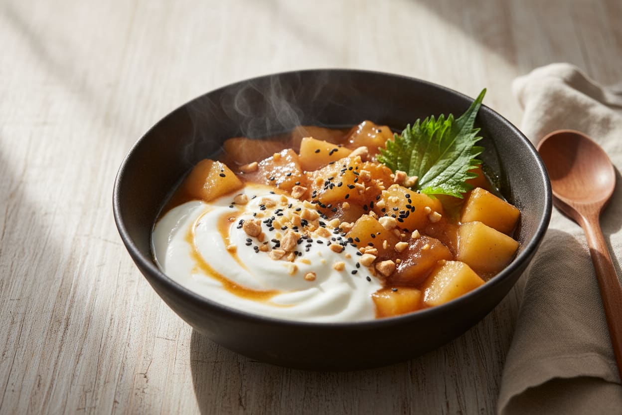 Warm Miso-Ginger Orchard Fruit Stew Bowl Miso-ginger glazed orchard fruit stew with coconut yogurt, hazelnuts, and shiso in a dark ceramic bowl. Minimalist Italian-Japanese fusion.