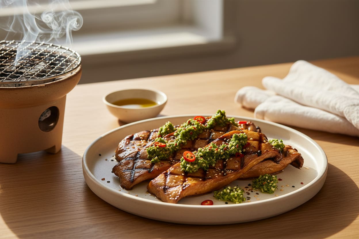 Miso-Charred King Oyster Mushrooms with Ginger Salsa Verde Caramelized miso king oyster mushrooms with ginger salsa verde. Elegant plant-based Mediterranean-Asian fusion on a sun-drenched oak table.