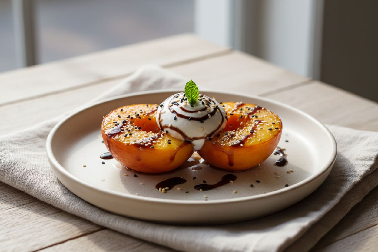 Miso-Maple Roasted Peaches with Ginger-Balsamic Drizzle Glistening miso-maple roasted peaches with coconut cream and balsamic swirl. A sophisticated, plant-based Mediterranean-Asian fusion.