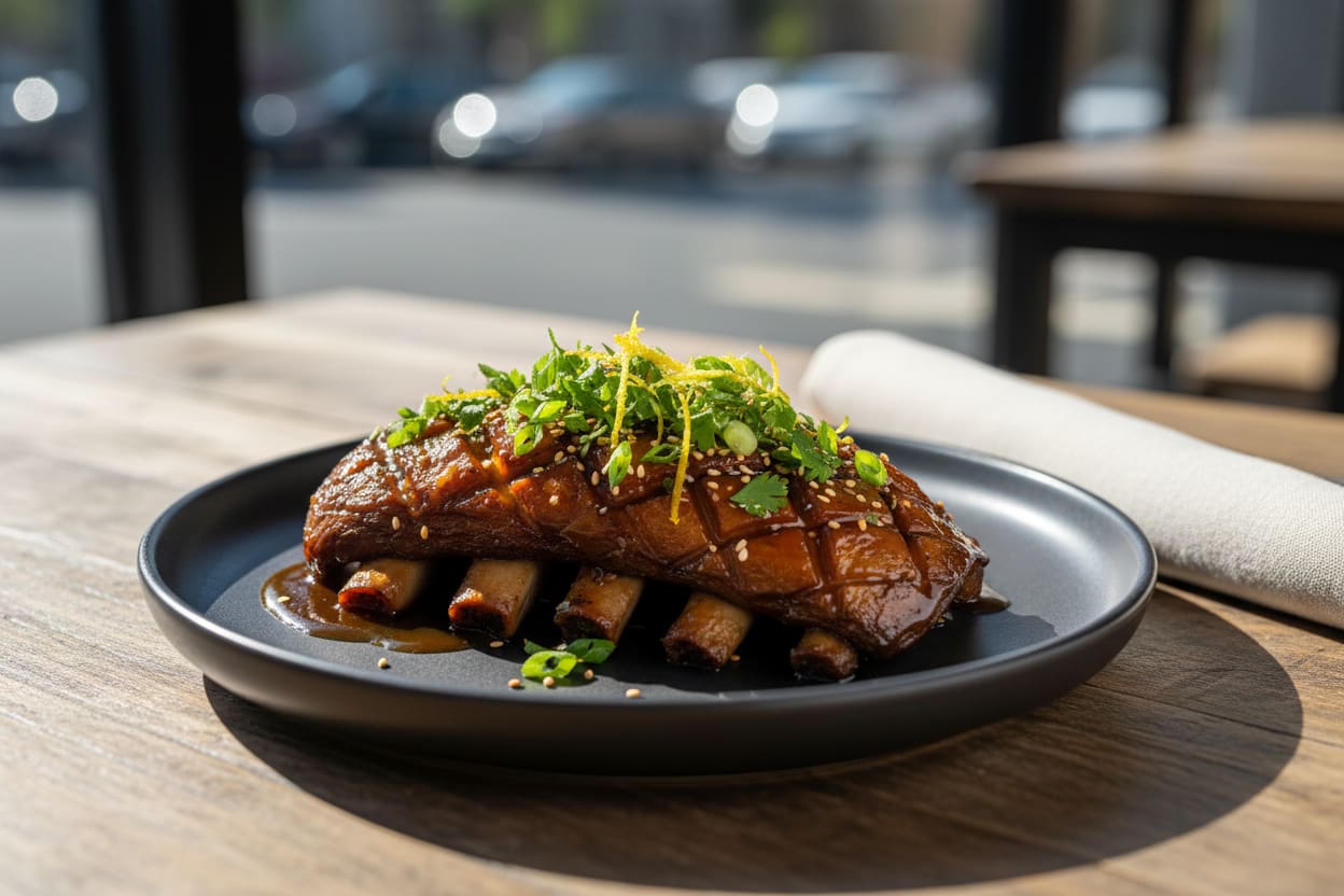 Smoked king oyster ribs with miso-bourbon glaze, yuzu zest & herbs on charcoal ceramic. Sunny California-meets-Tokyo BBQ aesthetic.
