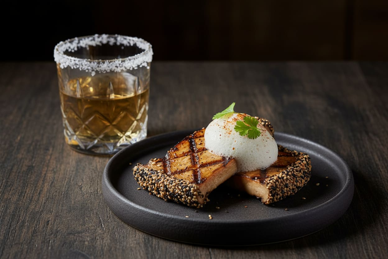 Wood-Fired Miso-Crusted King Oyster Mushrooms with Yuzu-Salt Foam Wood-fired King Oyster mushrooms with sesame crust and yuzu foam, paired with a botanical infusion on a minimalist, Zen-inspired table.