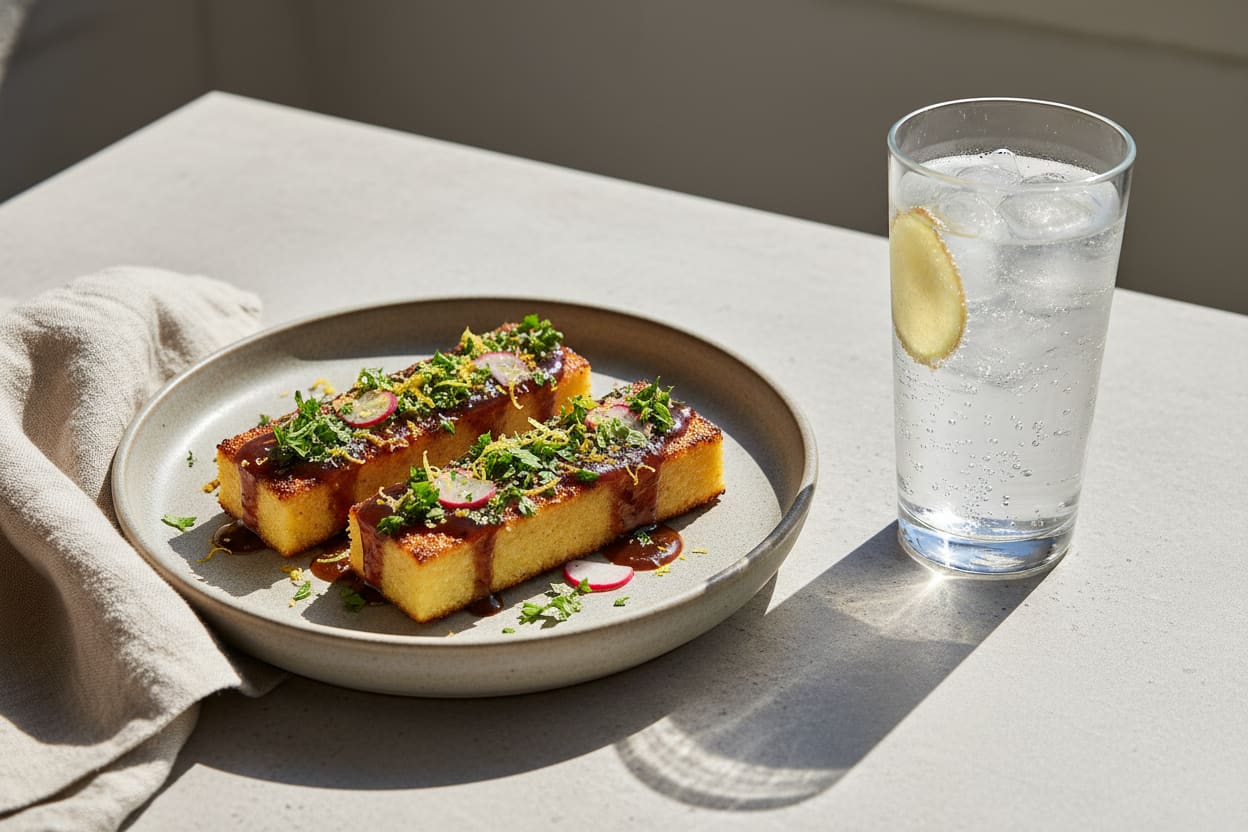 Crispy miso polenta bites with radish & zest beside a sparkling ginger drink. Elegant Mediterranean-Asian fusion on a sun-drenched stone table.