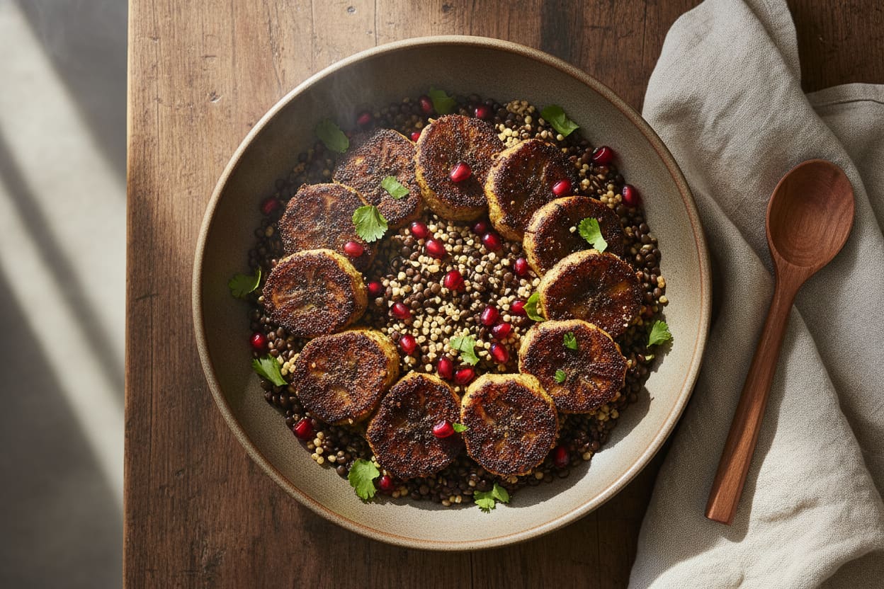 Pan-seared Earl Grey & Berbere plantains on Beluga lentils and heritage sorghum, topped with pomegranate and cilantro in a rustic matte bowl.