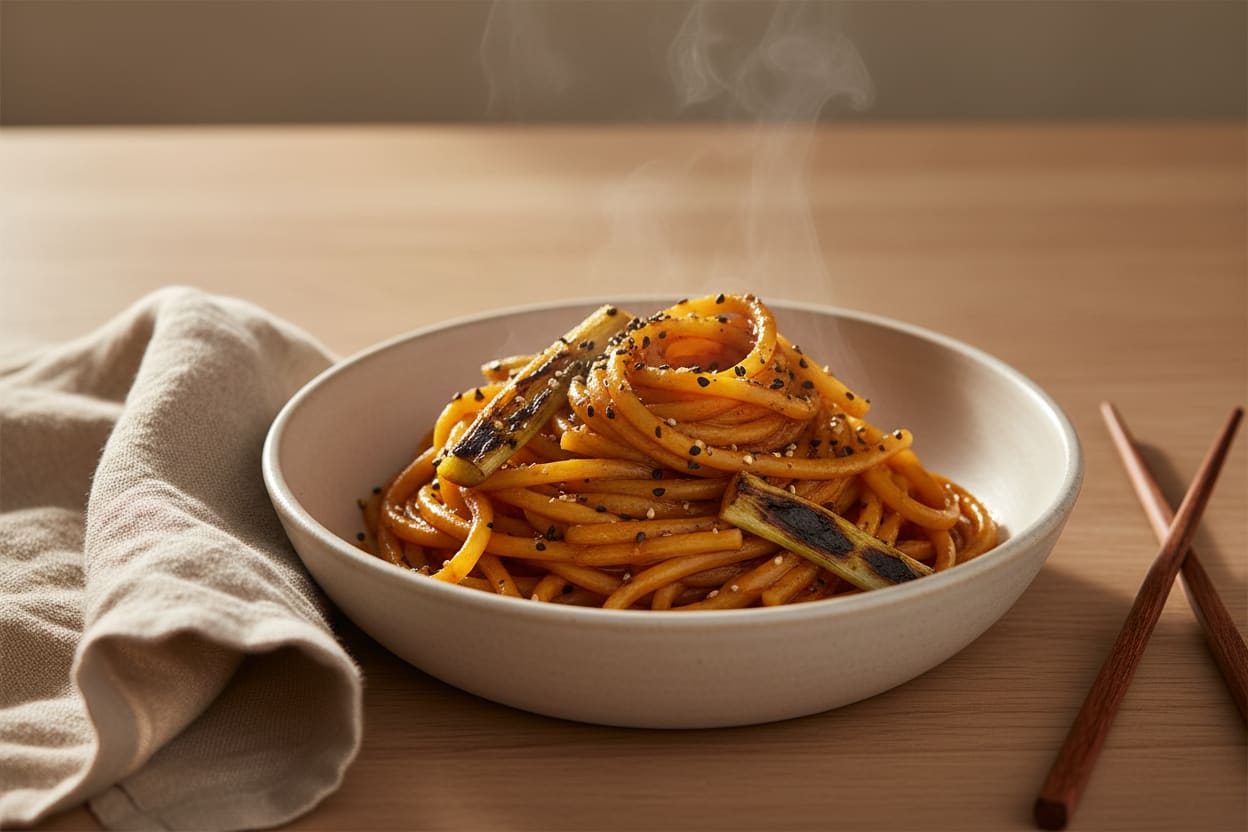 Smoky miso and gochujang pasta with wood-fired charred scallions and sesame in a cream stoneware bowl on an oak table in golden light.