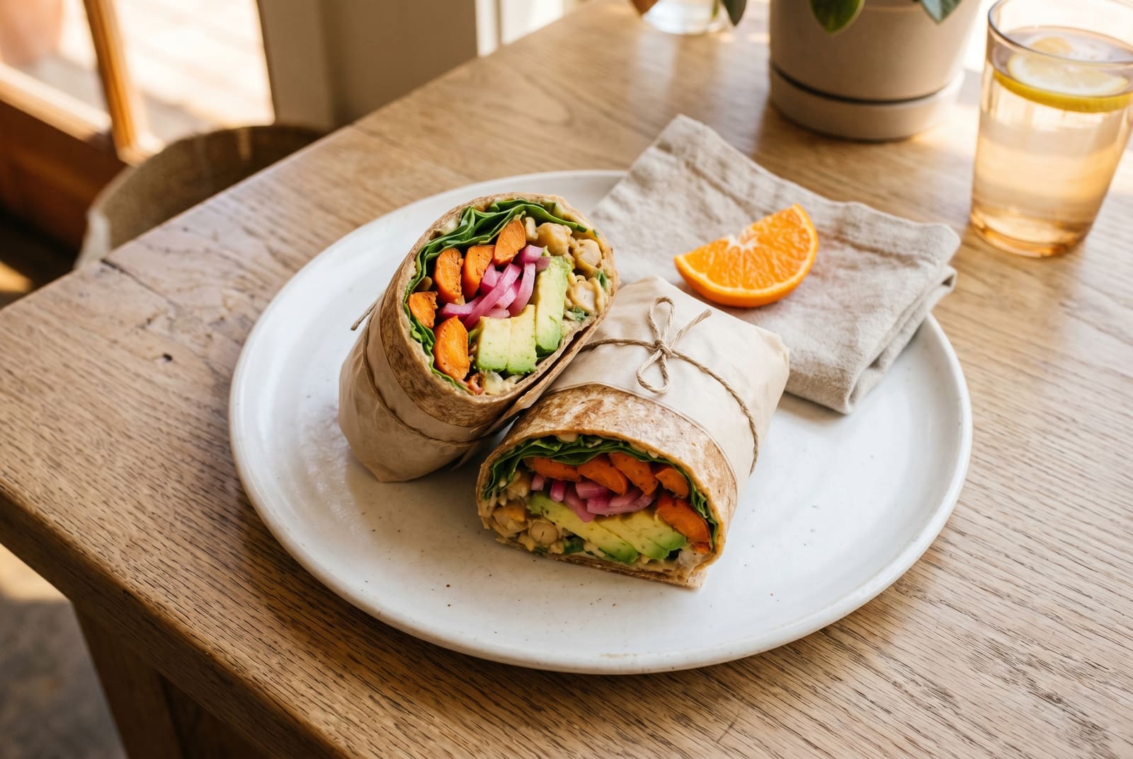 A sliced vegan wrap with confit carrots, fennel, and avocado on a white plate in soft natural sunlight on a wooden table.