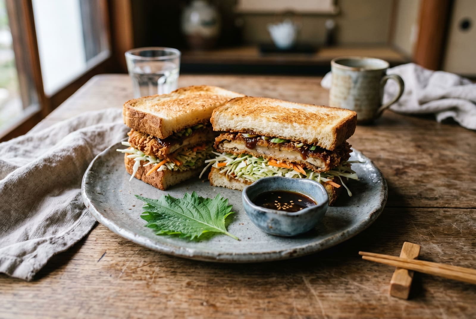 The Shokupan Umami Dip: A Shojin Meditation A gourmet vegan shojin sandwich with crispy mushrooms on an artisan ceramic plate with a side of dark umami dashi sauce.