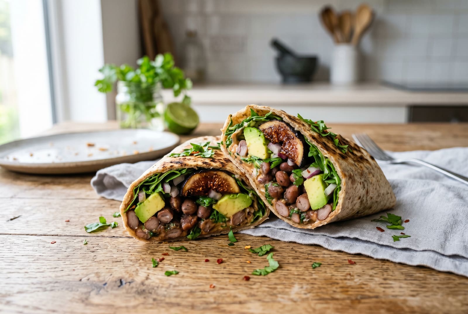 A sliced vegan wrap filled with smoky beans, grilled figs, and avocado on a wooden table in soft natural light.