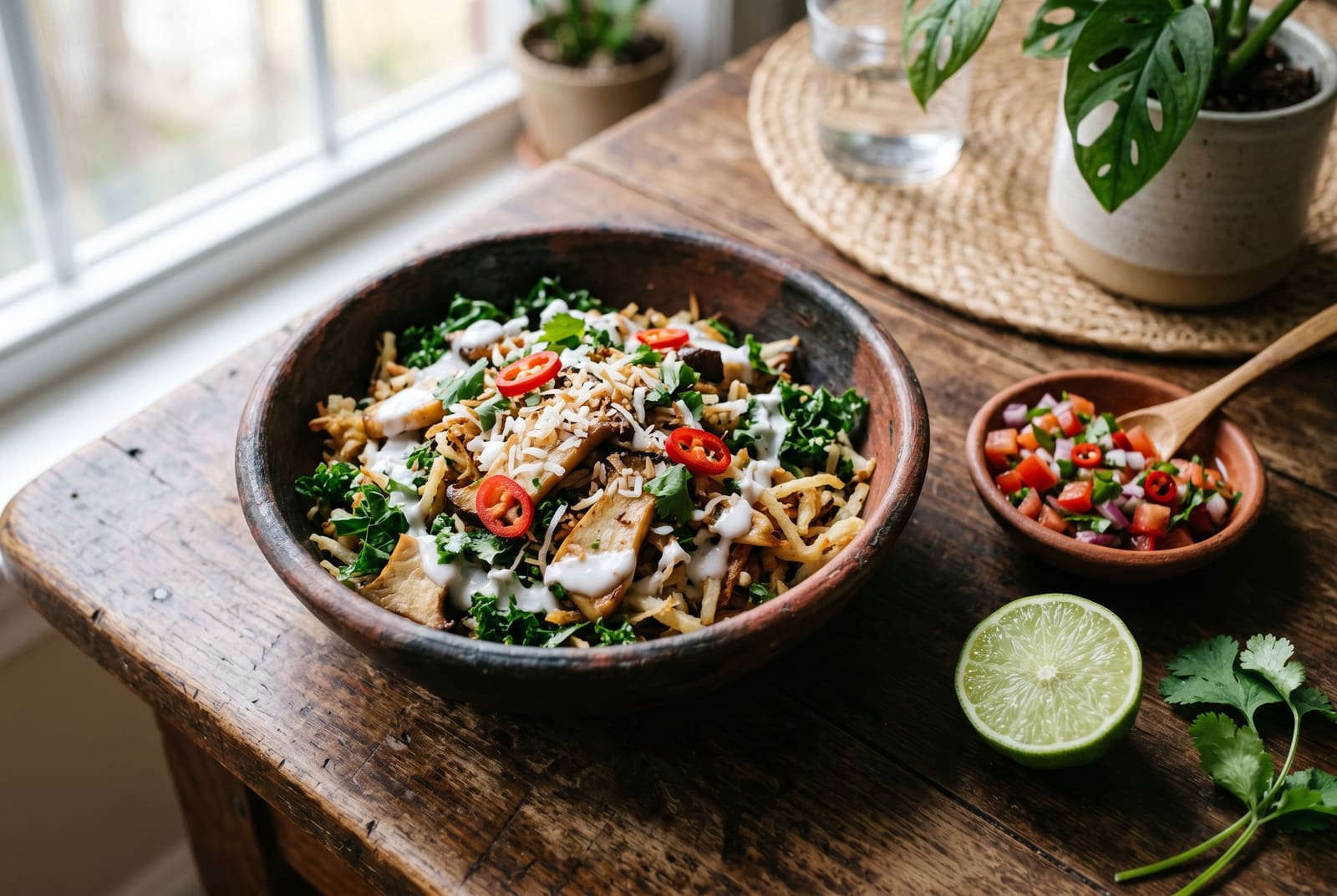 Shredded Cassava and Mushroom Sunrise Skillet A bowl of shredded cassava and mushroom breakfast hash with greens and coconut sauce on a wooden table.