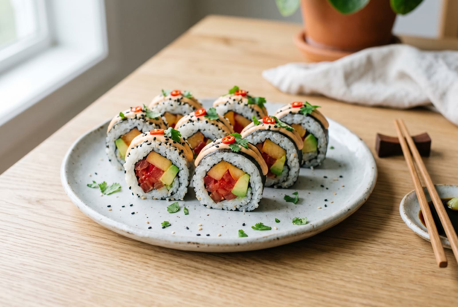 Vegan spicy sushi rolls with cured tomatoes, avocado, and adobo aioli on a minimalist plate under natural sunlight.