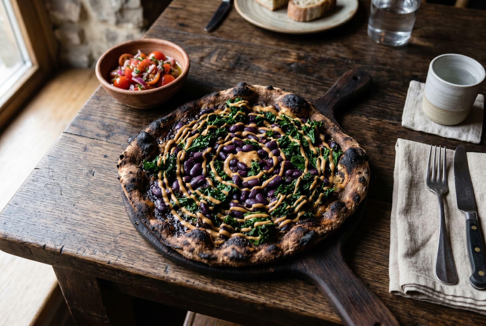 Swahili Jiko-Seared Teff Pizza Artisan teff pizza with black beans, green sukuma wiki, and groundnut sauce on a wooden table.