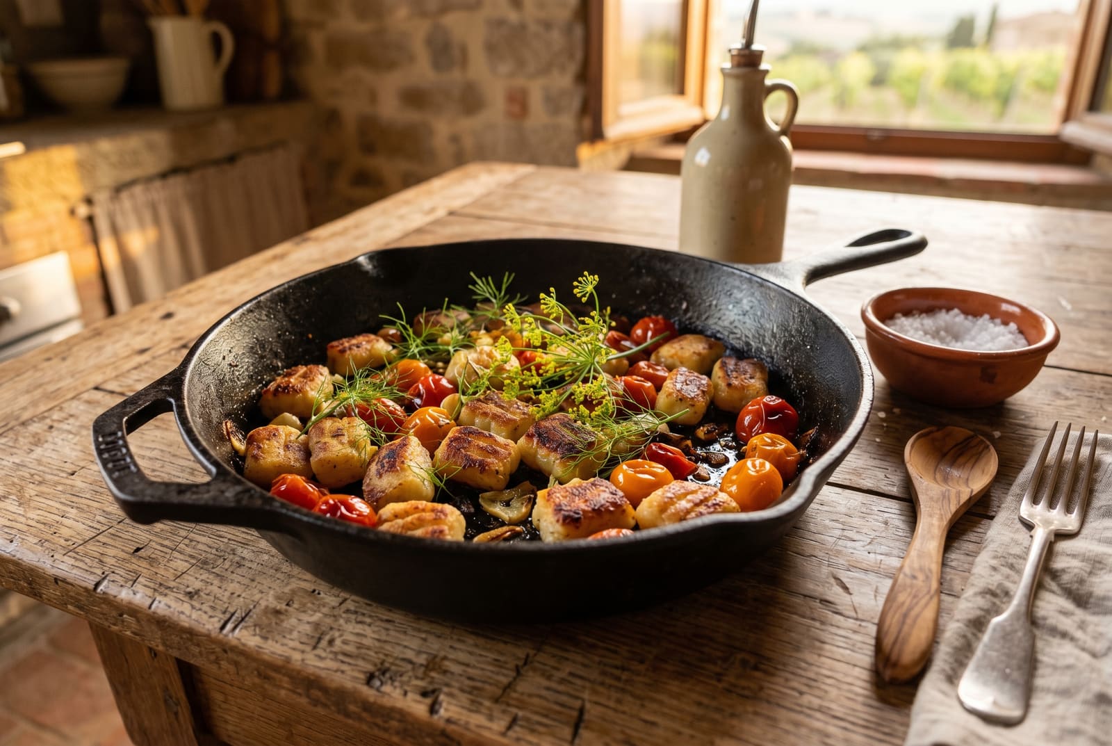 Seared Bread Gnocchi with Blistered Summer Tomatoes Seared golden bread gnocchi and charred cherry tomatoes in a cast-iron pan on a rustic wooden table.