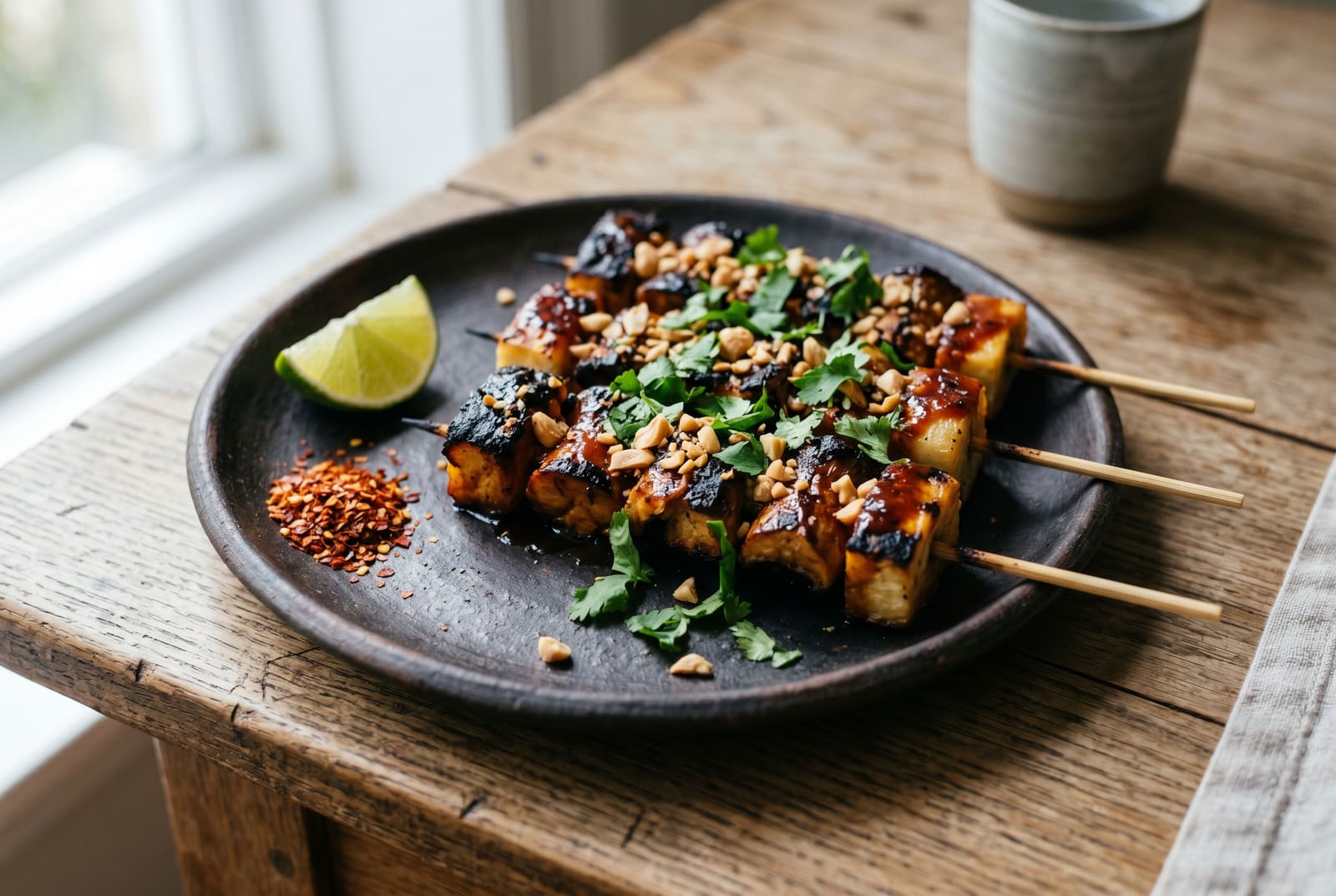 Charred vegan skewers of cassava and mushrooms with a dark glaze and crushed peanuts on a clay plate.