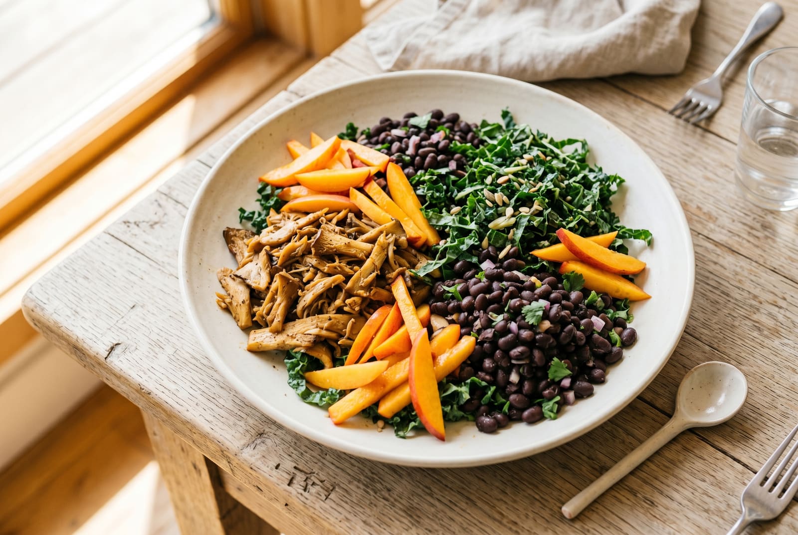 Sun-Drenched Pulled Mushroom and Stone Fruit Shredded Buffet A colorful vegan shredded salad with pulled mushrooms, julienned peaches, and kale on a white platter in natural sunlight.