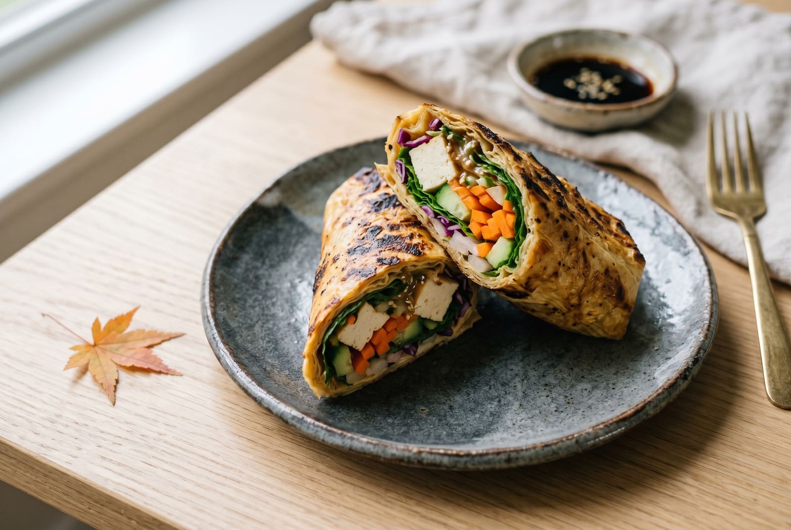Binchotan-Toasted Yuba Burrito with Miso-Glazed Root Vegetables A toasted yuba burrito sliced open to reveal colorful vegetable and tofu fillings on a dark ceramic plate.