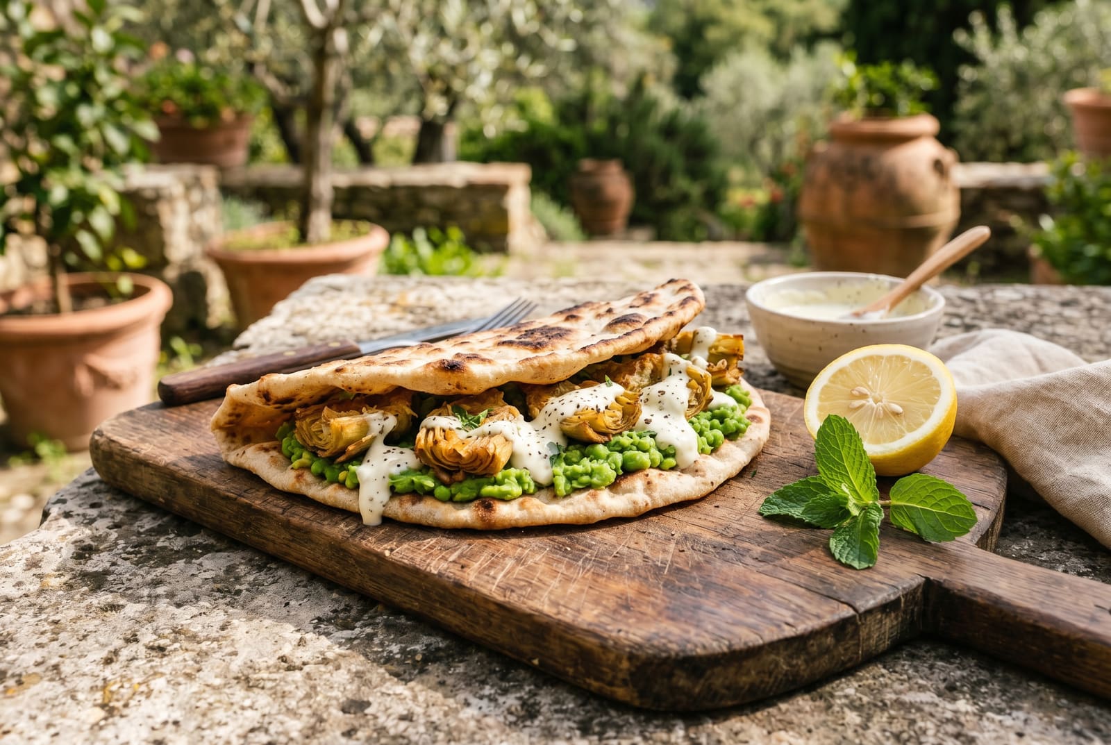 Zested Spring Piadina with Crispy Artichokes and Minted Pea Smash Handmade vegan piadina filled with crispy artichokes and green pea mash on a wooden board in a sunlit setting.