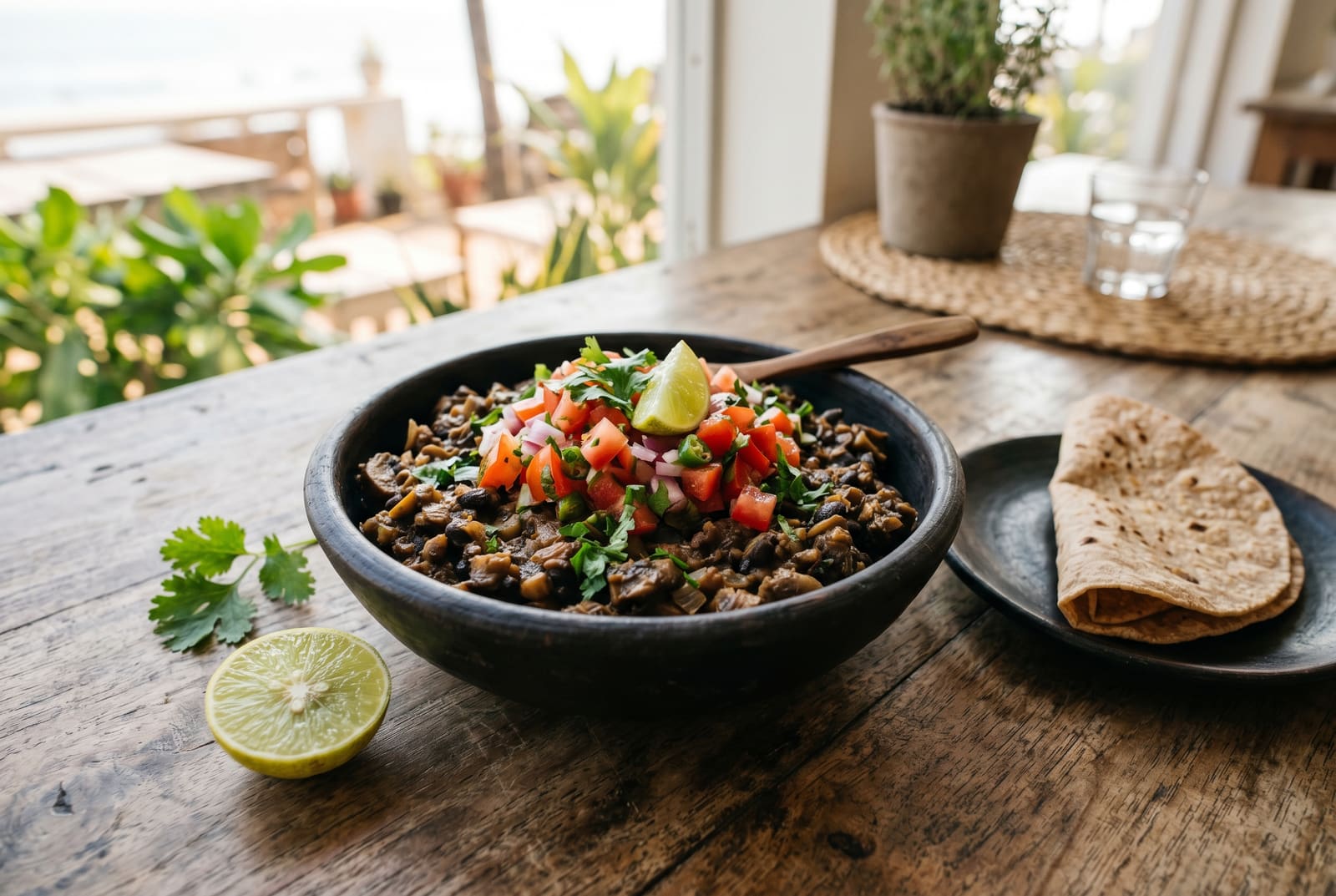 A savory vegan mushroom and black bean mince in a clay bowl with fresh kachumbari and a chapati on a wooden table.