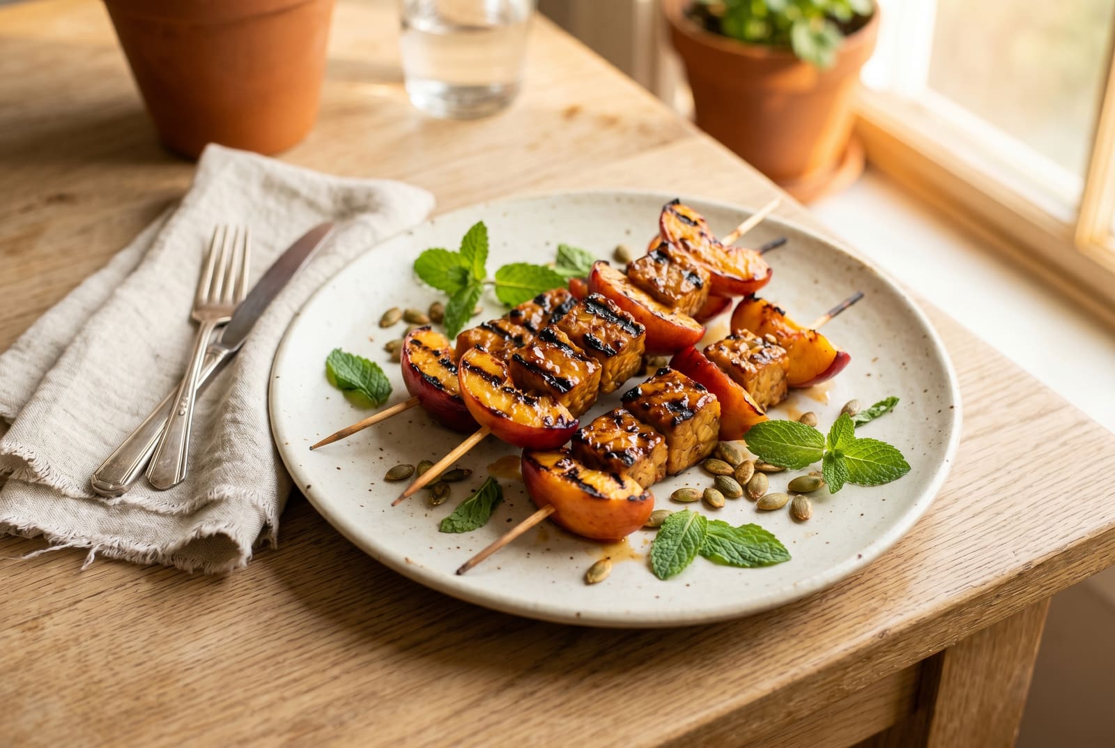 Grilled tempeh and nectarine skewers with a glossy glaze and fresh herbs on a white plate under warm natural light.