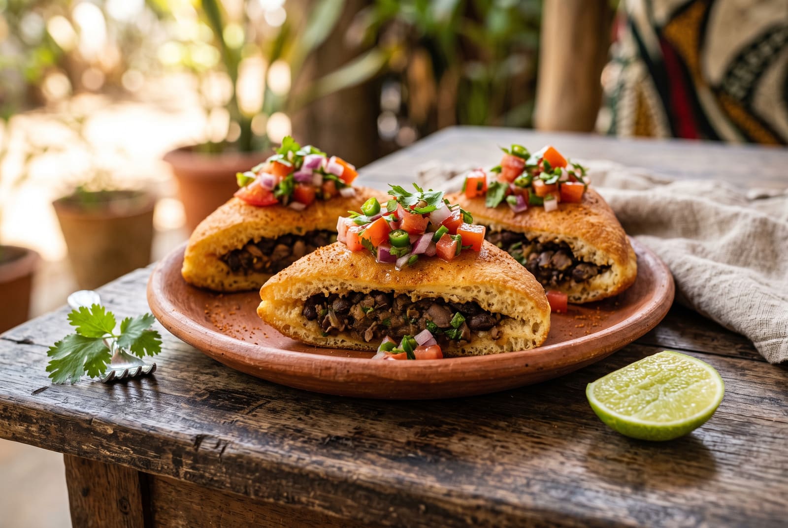 Three golden-brown cardamom mahamri sliders filled with spiced black beans and fresh kachumbari on a terracotta plate.