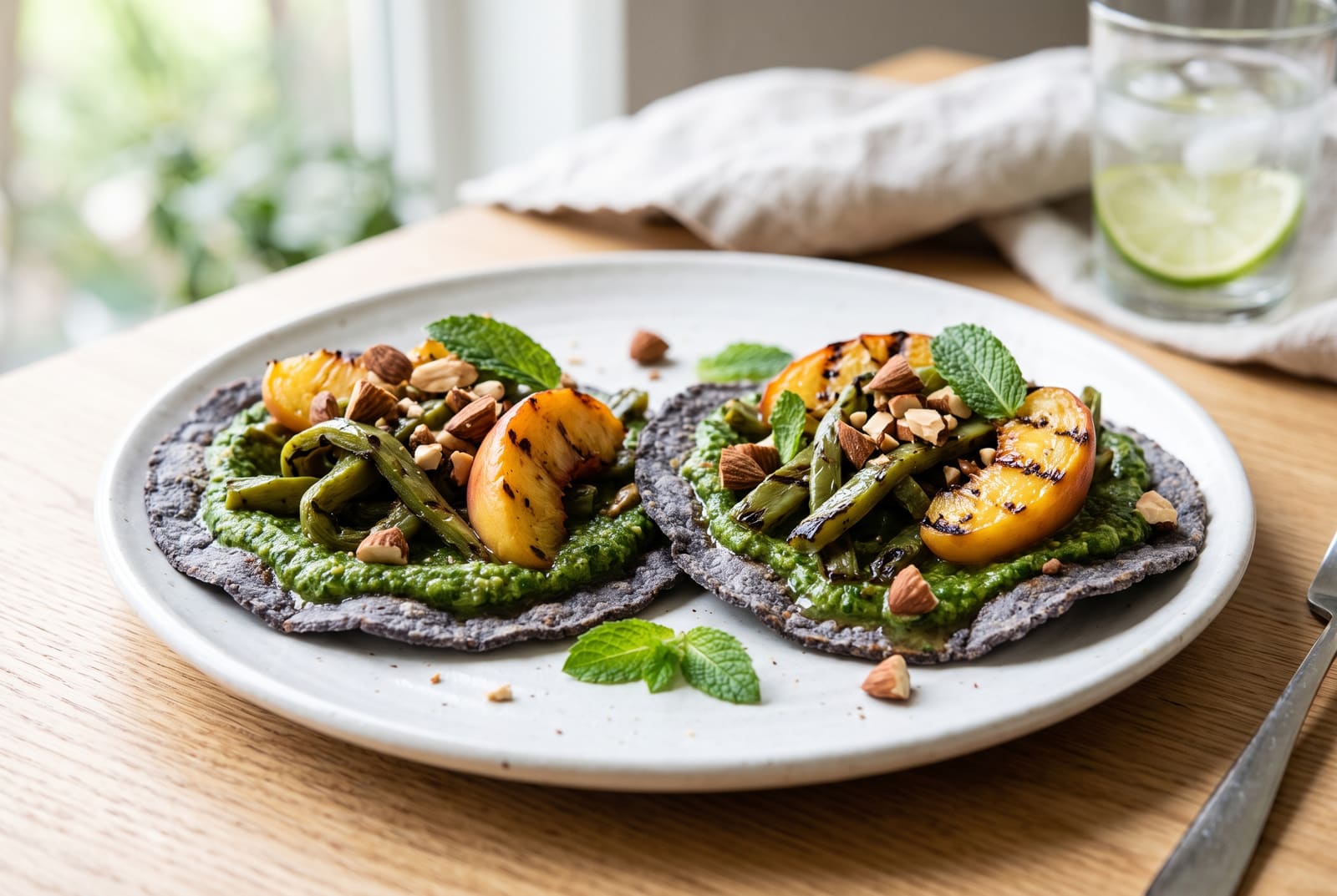 Blue corn tostadas topped with grilled cactus, charred peaches, and bright green herb salsa on a white plate in natural light.