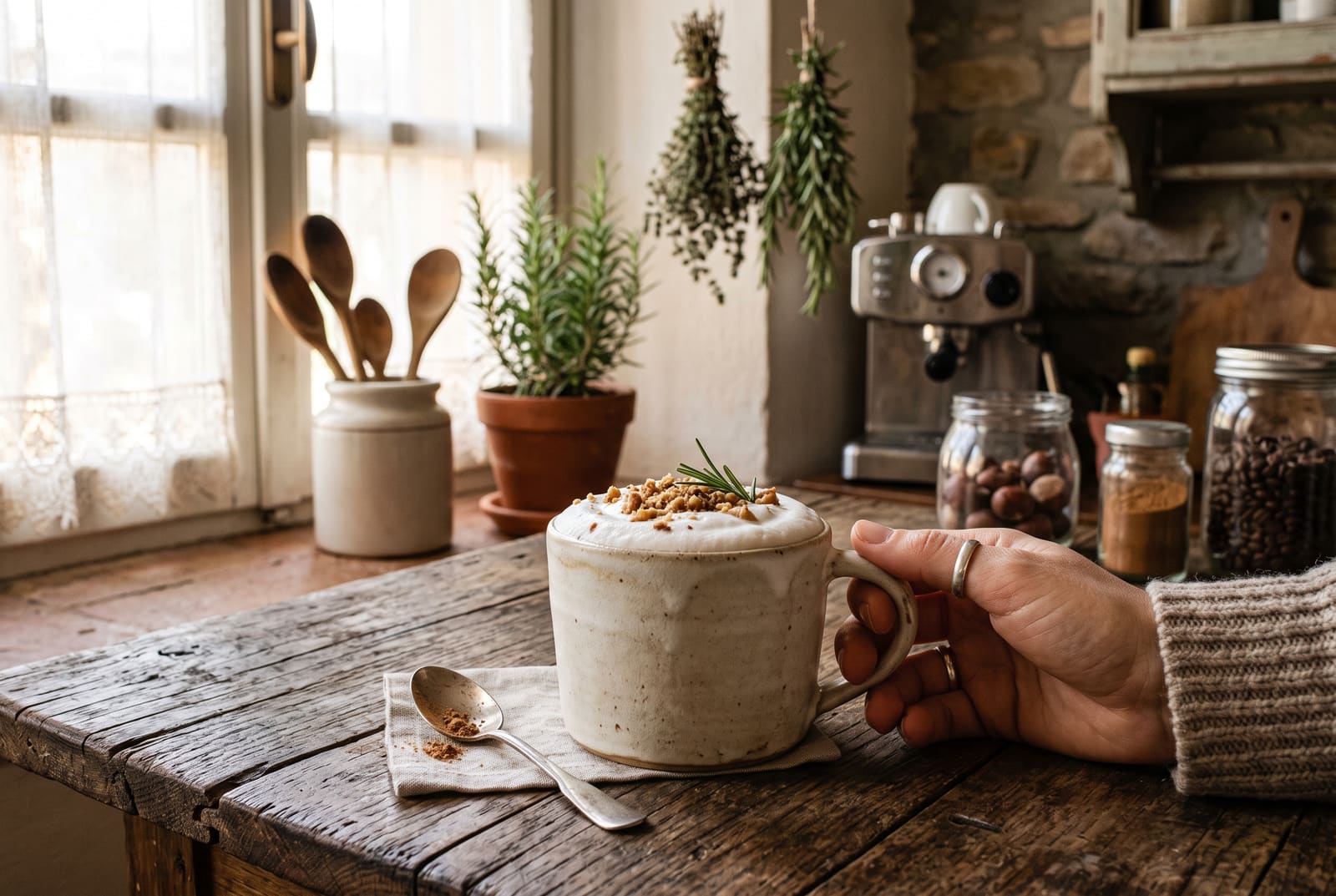 Roasted Chestnut and Sea Salt Cheese Latte Vegan roasted chestnut latte with a thick white cream foam top and nut crumbles in a ceramic mug on a rustic wooden table.