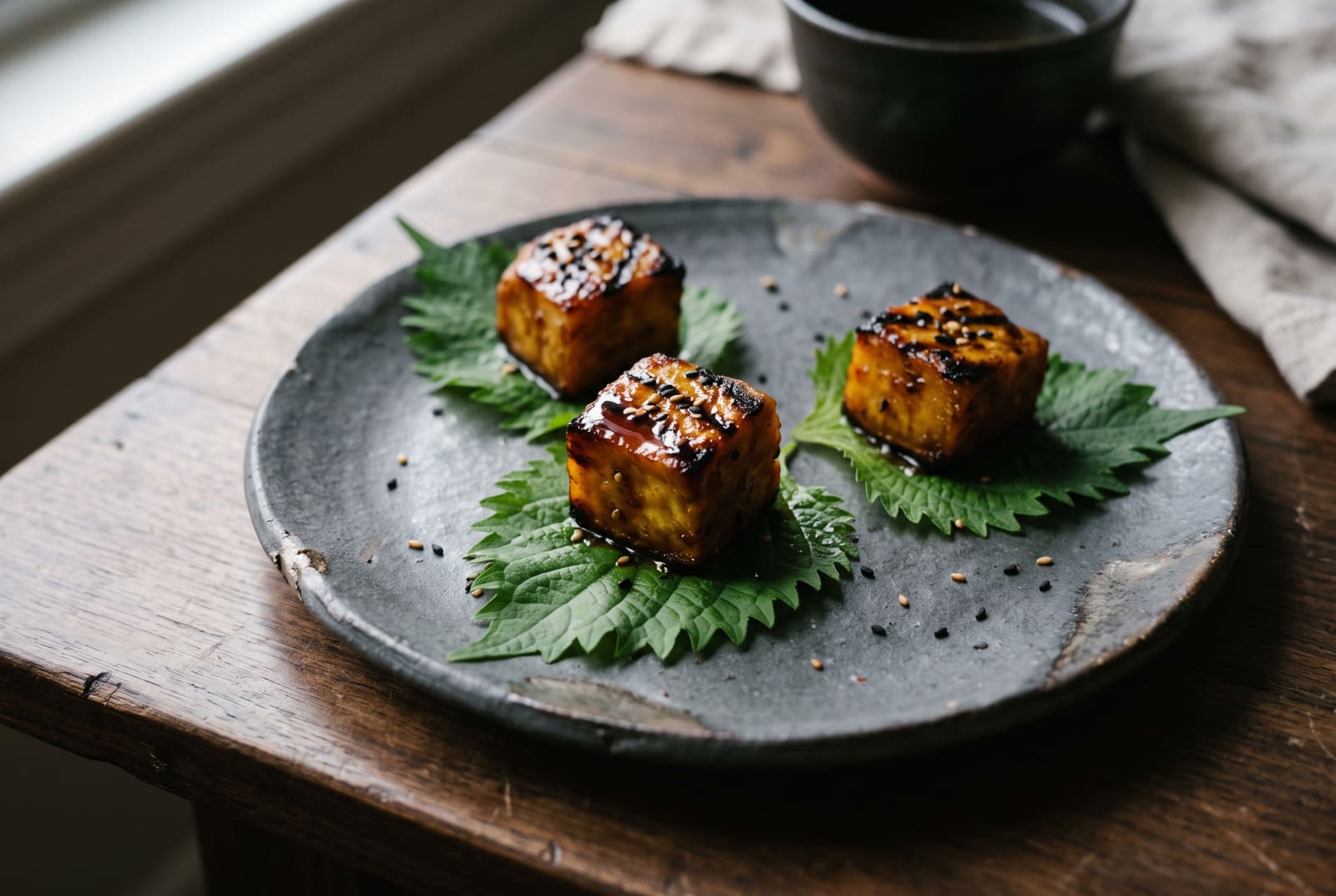 Binchotan-Seared Satsumaimo with Tamari-Koji Caramel Three caramelized Japanese sweet potato cubes on shiso leaves, served on a rustic dark ceramic plate with a minimalist aesthetic.