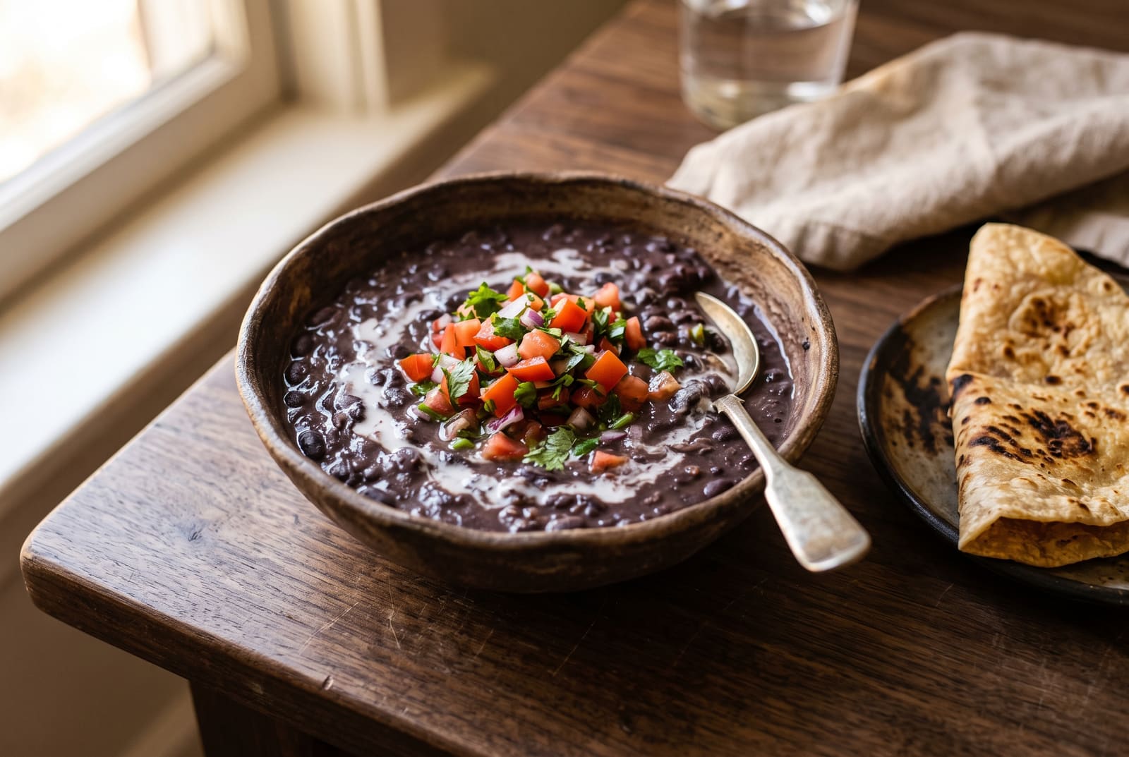 A bowl of velvety njahi bean stew with coconut milk and fresh kachumbari garnish on a wooden table.
