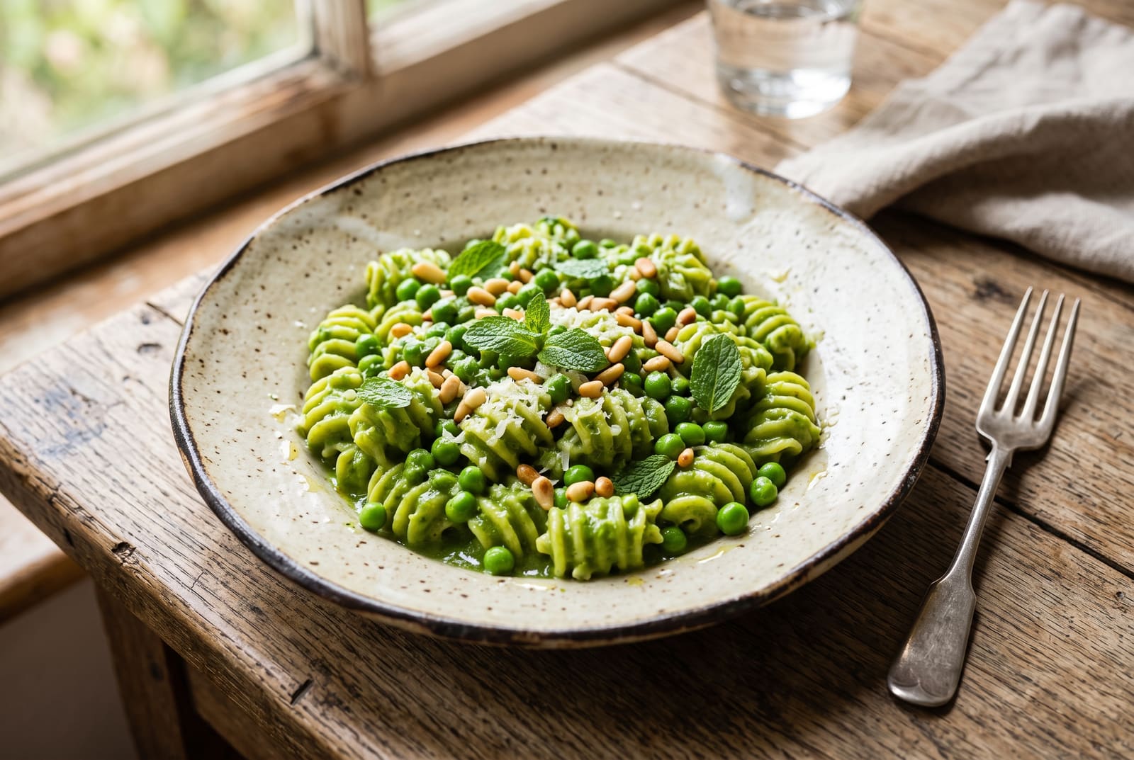 Spring Pea and Preserved Lemon Tonnarelli A minimalist plate of bright green spring pea pasta with pine nuts and mint on a rustic wooden table.