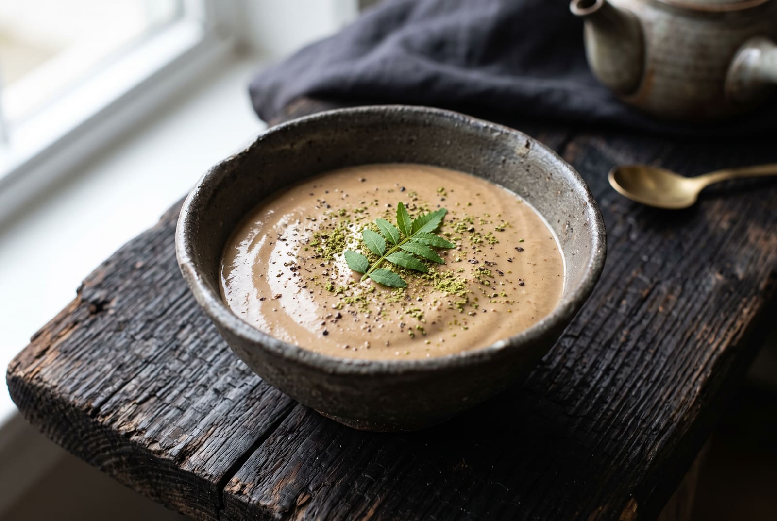Sansho-Scented Coffee and Silken Tofu Cream A mocha-toned tofu cream in an earthy ceramic bowl, dusted with pepper and garnished with a green leaf on a dark wooden table.