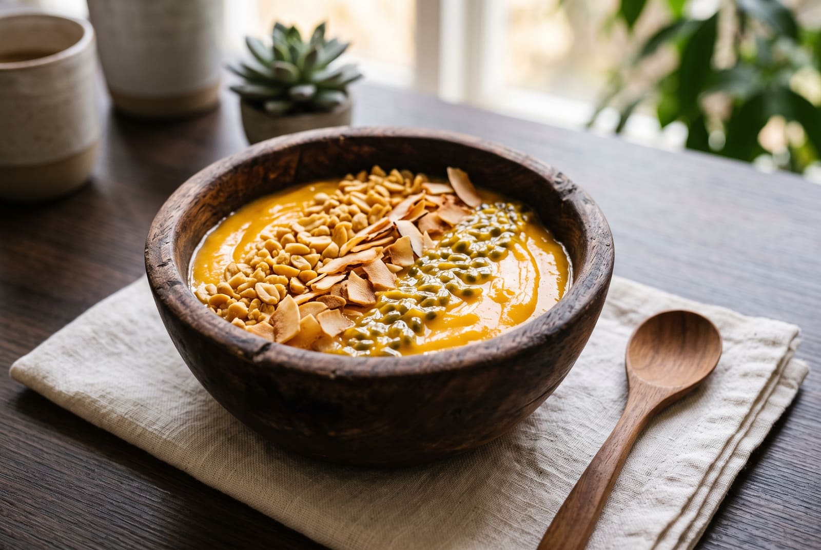 Pwani Pungent Sunrise Smoothie Bowl A vibrant orange mango smoothie bowl topped with crushed peanuts and coconut in a wooden bowl on a minimalist table.