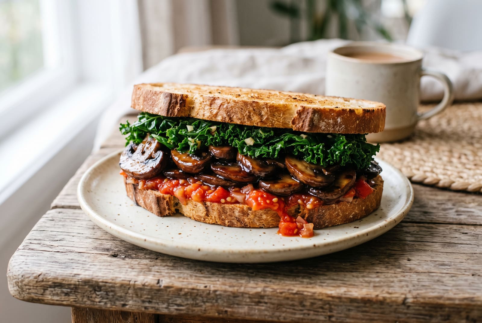 A gourmet glazed mushroom sandwich with green kale and tomato relish on a rustic wooden board, showing sticky tamarind sauce and toasted bread.