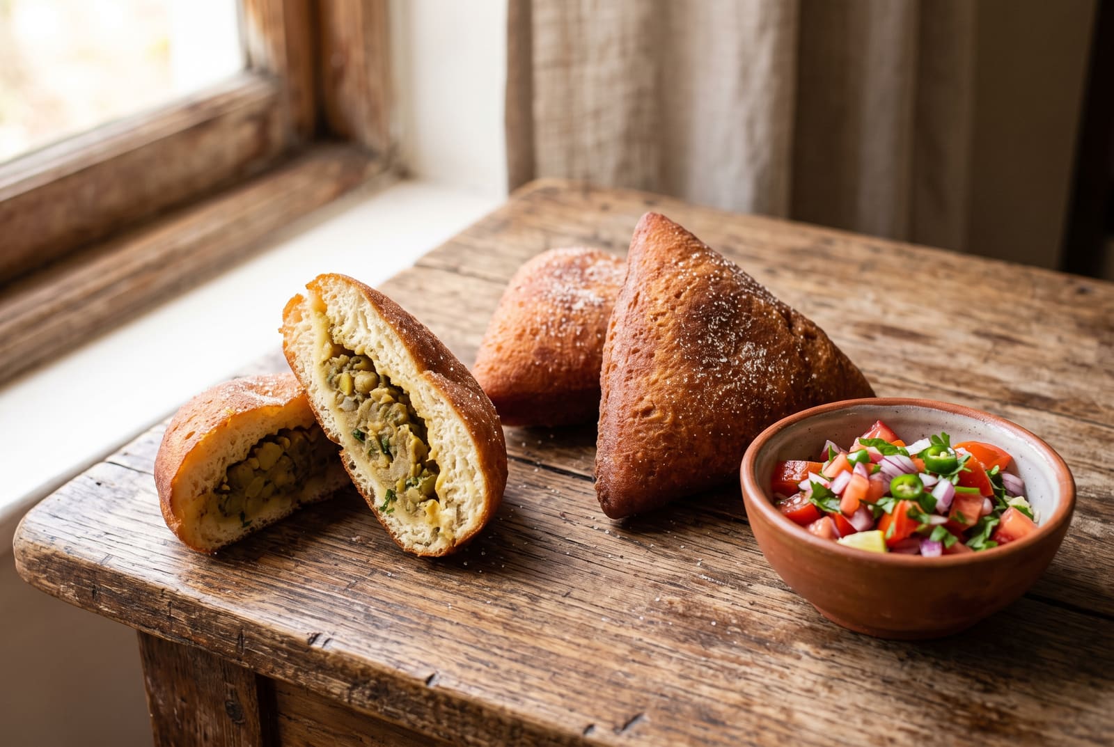 Kenyan Masala Tea-Infused Mahamri Stuffed with Coconut Pigeon Peas Golden-brown stuffed mahamri doughnuts on a wooden table, one showing a creamy coconut pea filling, served with a side of fresh tomato salad.