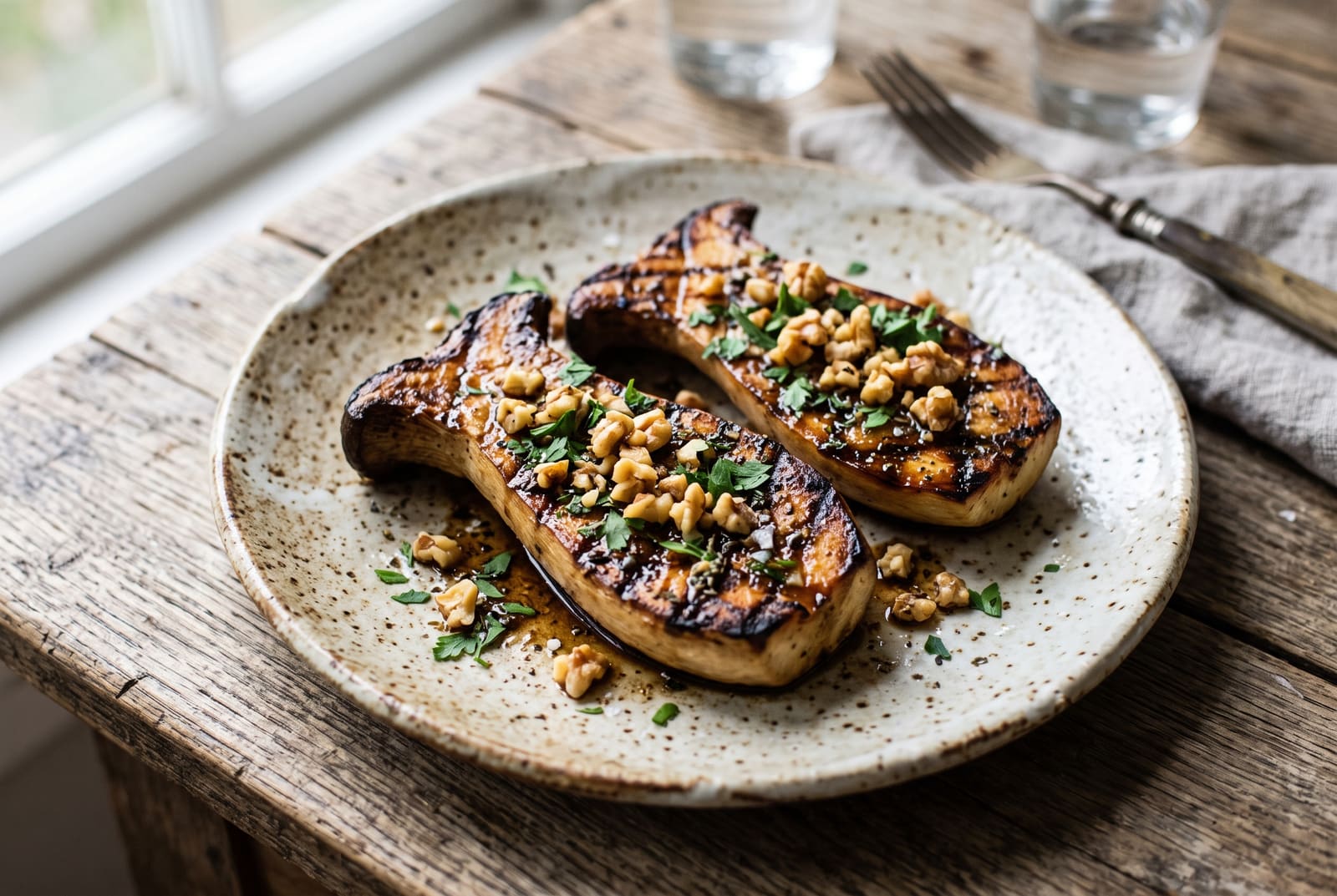 Charred King Oyster Steaks with Burnt Leek Marinade Grilled King Oyster mushroom steaks with a dark balsamic marinade and walnut garnish on a rustic plate and wooden table.