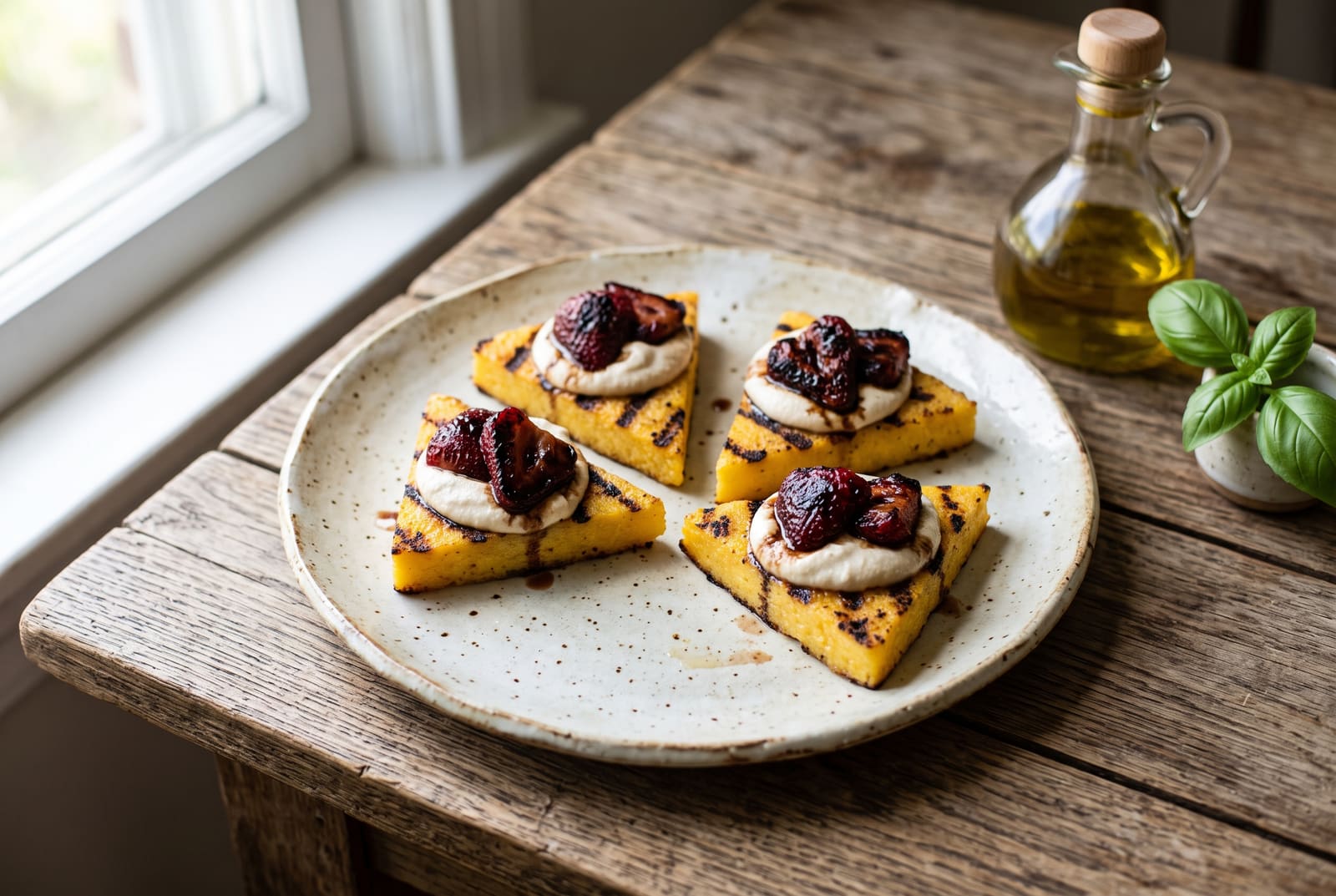 Grilled Polenta Crostini with Charred Balsamic Strawberries and Herbed Cashew Ricotta Grilled golden polenta triangles topped with white cashew cream and charred balsamic strawberries on a rustic ceramic plate.