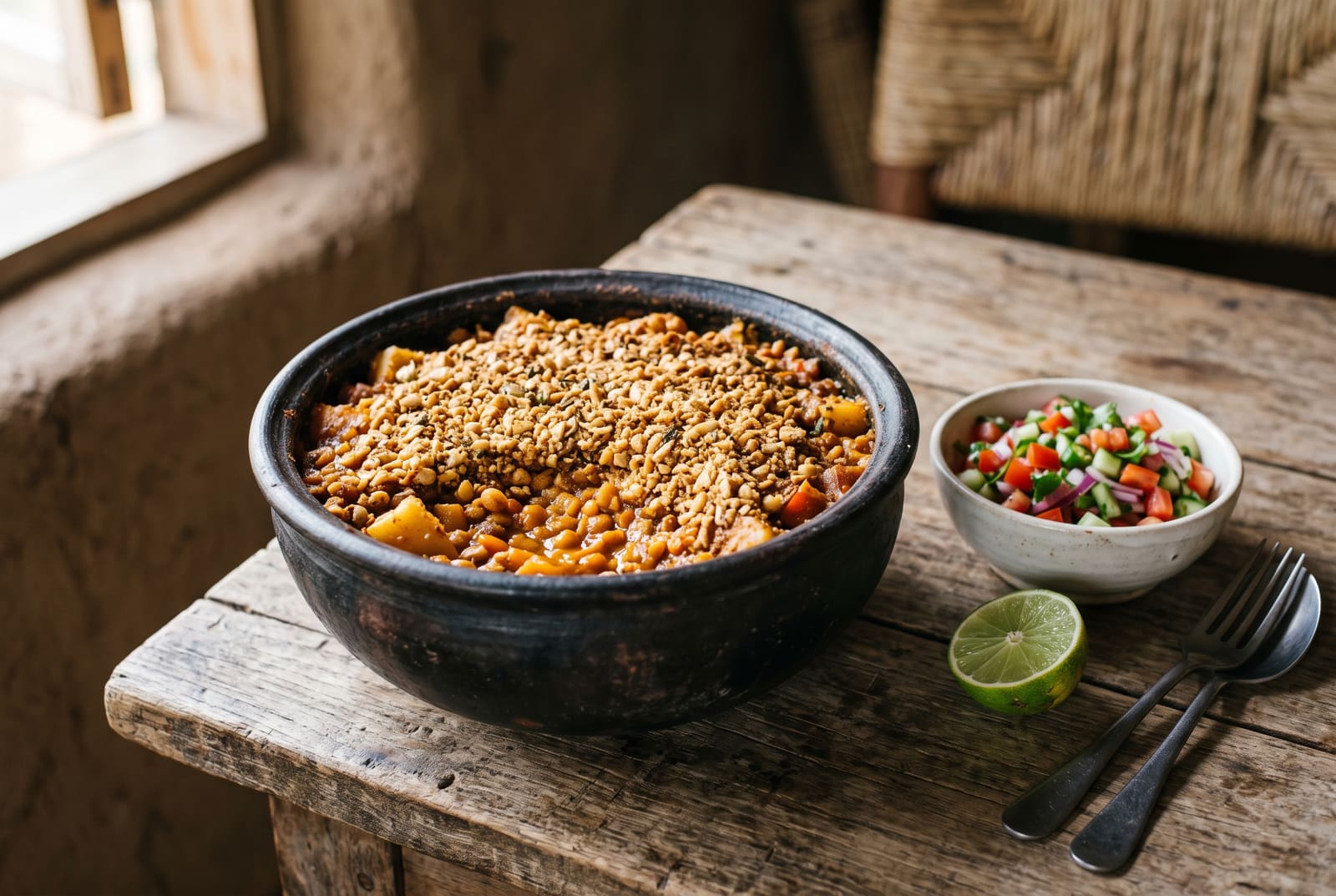 A golden-brown crusted cassava and pigeon pea stew in a clay pot, accompanied by fresh kachumbari and a lime wedge on a wooden table.